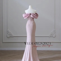 Flesh Pink Sequin Evening Gown Elegant Women's Off Shoulder Party Prom Evening Gown - Thumbnail 2