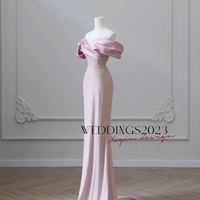 Flesh Pink Sequin Evening Gown Elegant Women's Off Shoulder Party Prom Evening Gown - Thumbnail 4