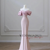 Flesh Pink Sequin Evening Gown Elegant Women's Off Shoulder Party Prom Evening Gown - Thumbnail 5