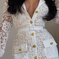Long Sleeved Lace Women Button Up Dress - Thumbnail 3