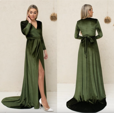 Olive Green Prom Dresses Slit Side V Neck Casual