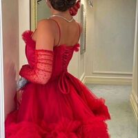 Dark Red Tulle Tiered Long Prom Dress, Spaghetti Straps Evening Gown - Thumbnail 4