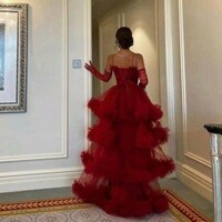 Dark Red Tulle Tiered Long Prom Dress, Spaghetti Straps Evening Gown - Thumbnail 2