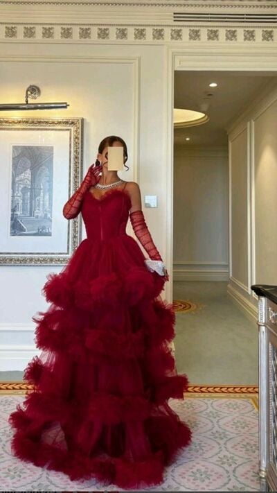 Dark Red Tulle Tiered Long Prom Dress, Spaghetti Straps Evening Gown