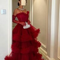 Dark Red Tulle Tiered Long Prom Dress, Spaghetti Straps Evening Gown - Thumbnail 1