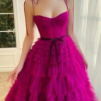 Fuchsia Tulle A-Line Ruffles Prom Evening Dress - Thumbnail 2