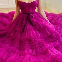Fuchsia Tulle A-Line Ruffles Prom Evening Dress - Thumbnail 1