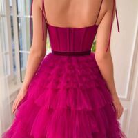 Fuchsia Tulle A-Line Ruffles Prom Evening Dress - Thumbnail 3