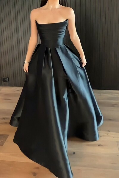PSY873, Black Prom Dress, Sleeveless Evening Dress, Satin Party Gown