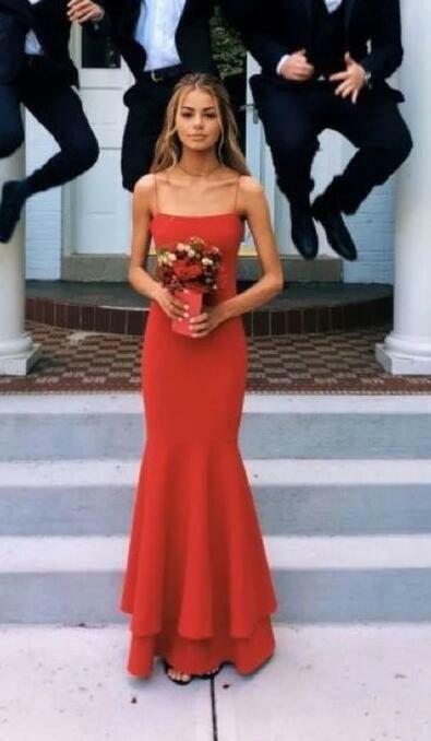  Spaghetti Straps A Line Red Sheath Prom Dress