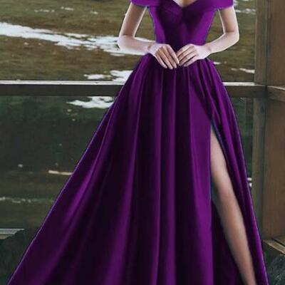 Off shoulder purple split prom dresses - Thumbnail 4