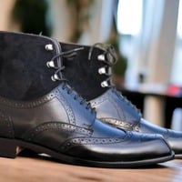 Men's Handmade Wing Tip Lace Up Black Leather Suede Brogue Toe Boot, Luxury Boot - Thumbnail 1