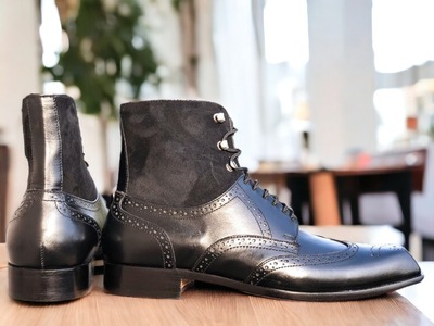 Men's Handmade Wing Tip Lace Up Black Leather Suede Brogue Toe Boot, Luxury Boot