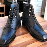Men's Handmade Wing Tip Lace Up Black Leather Suede Brogue Toe Boot, Luxury Boot - Thumbnail 2