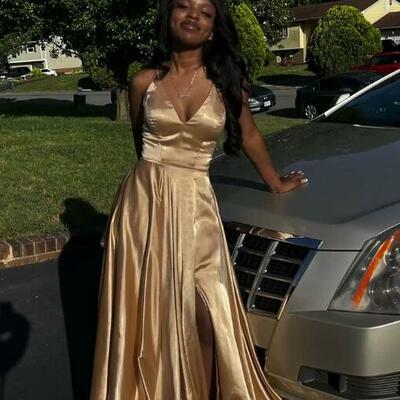 A line sleeveless v neck gold satin long prom dress