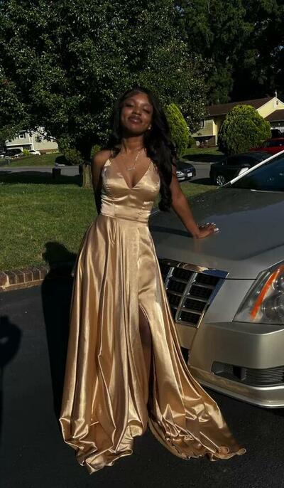 A Line Sleeveless V Neck Gold Satin Long Prom Dress