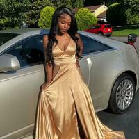 A Line Sleeveless V Neck Gold Satin Long Prom Dress - Thumbnail 1