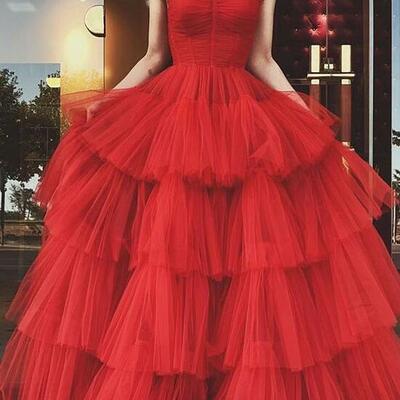 New arrival a line red tulle prom dress, evening dress