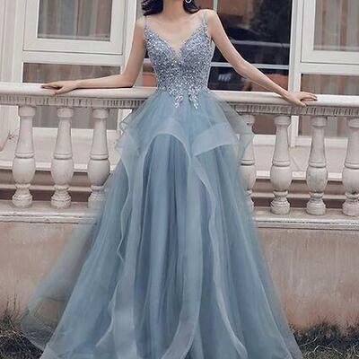 Charming a line blue v neck lace prom dress - Thumbnail 2
