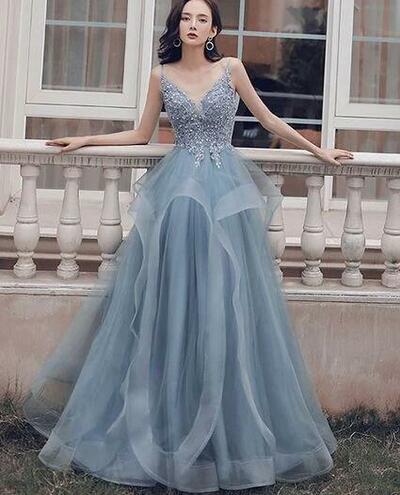 Charming A Line Blue V Neck Lace Prom Dress
