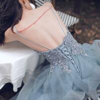 Charming A Line Blue V Neck Lace Prom Dress - Thumbnail 1