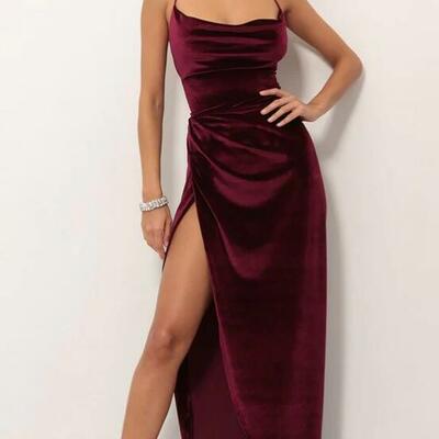 Simple a line burgundy velvet long prom dress