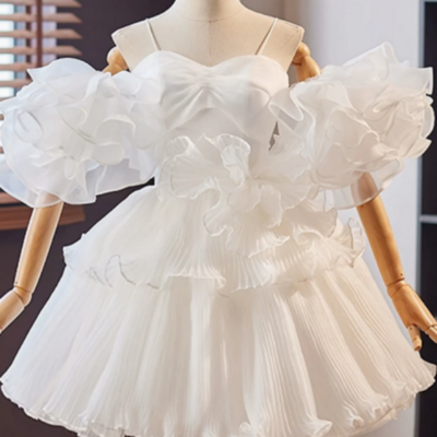White sweetheart neck organza short prom dress, white homecoming dress kpp1649