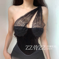 Black lace one-shoulder see-through velvet sexy fishbone corset waist slimming vest - Thumbnail 6