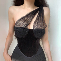 Black lace one-shoulder see-through velvet sexy fishbone corset waist slimming vest - Thumbnail 1