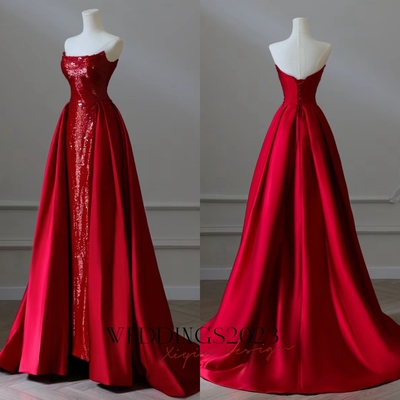 Red Sequin Strapless Bridal Formal Opera Gown Satin Wedding Prom Dress Satin Evening Gown