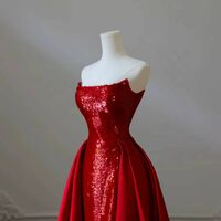 Red Sequin Strapless Bridal Formal Opera Gown Satin Wedding Prom Dress Satin Evening Gown - Thumbnail 1