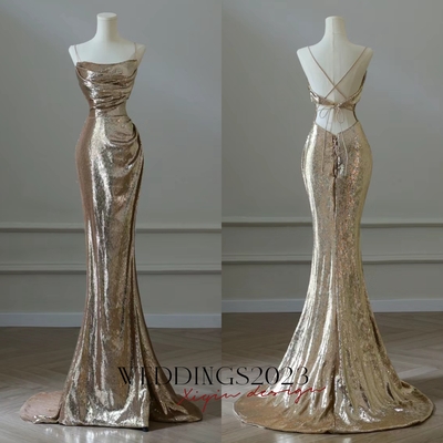 Charming fashion model gold dress woman in beauty golden gown with lady in long clothes mermaid long prom dress