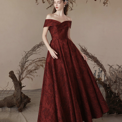 Burgundy satin long prom dress, a-line off the shoulder evening party dress