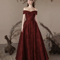 Burgundy Satin Long Prom Dress, A-Line Off the Shoulder Evening Party Dress - Thumbnail 1