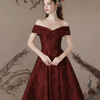 Burgundy Satin Long Prom Dress, A-Line Off the Shoulder Evening Party Dress - Thumbnail 2