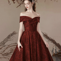 Burgundy Satin Long Prom Dress, A-Line Off the Shoulder Evening Party Dress - Thumbnail 3