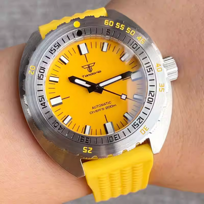 Tandorio mens diving watches 42mm yellow dial 120 clicks 20bar luminous causal business wristwatch t208