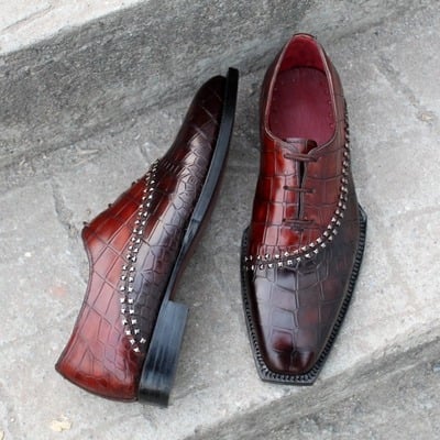 Crafted leather luxury handmade mens unique brown crocodile texture leather alligator dress fashion shoes - Thumbnail 5