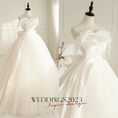 A-line satin luxury french white satin trailing bride wedding dress sexy off shoulder backless ball gown wedding evening prom women dresses