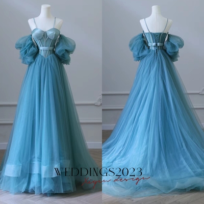 Blue Tulle Long Spaghetti Strap Prom Dress and Corset, Detachable off Shoulder Party Dress