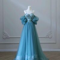 Blue Tulle Long Spaghetti Strap Prom Dress and Corset, Detachable off Shoulder Party Dress - Thumbnail 1