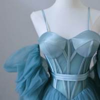 Blue Tulle Long Spaghetti Strap Prom Dress and Corset, Detachable off Shoulder Party Dress - Thumbnail 2