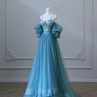 Blue Tulle Long Spaghetti Strap Prom Dress and Corset, Detachable off Shoulder Party Dress - Thumbnail 3
