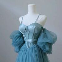 Blue Tulle Long Spaghetti Strap Prom Dress and Corset, Detachable off Shoulder Party Dress - Thumbnail 4