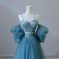 Blue Tulle Long Spaghetti Strap Prom Dress and Corset, Detachable off Shoulder Party Dress - Thumbnail 5