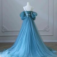 Blue Tulle Long Spaghetti Strap Prom Dress and Corset, Detachable off Shoulder Party Dress - Thumbnail 6