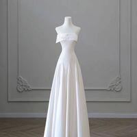 Strapless Square Neck A-Line Simple Wedding Dress Wedding Gown Ivory Classic with Slit and Pockets - Thumbnail 1