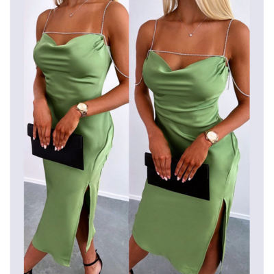Green sexy sling split sleeveless dress - Thumbnail 1