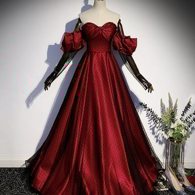 Burgundy satin tulle long prom dress evening dress,1683