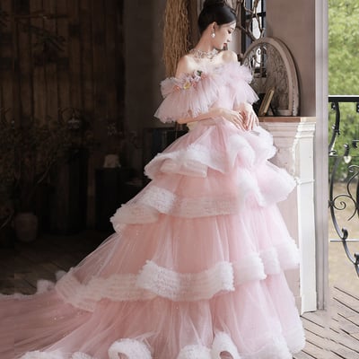 Pink tulle long prom dress pink evening gown,1684